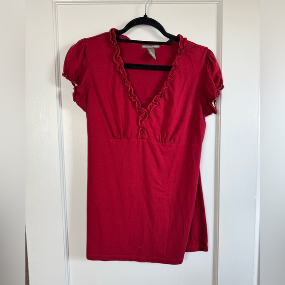 Hillard & Hanson Tops - Women's Red Ruffled V-Neck Top